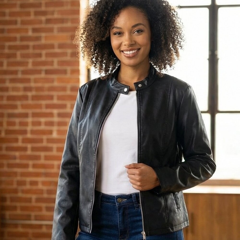 Cropped Moto Women's PU Faux Leather Look Zipper Jacket